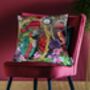 Signature Tropical Birds Dressed Up Bright Colourful Tropical Flowers Green Parrot Luxury Velvet Cushion, thumbnail 1 of 9