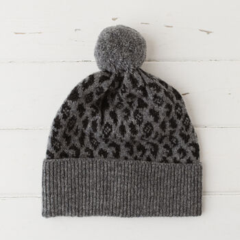 Lambswool Knitted Leopard Pom Pom Hat, 8 of 12