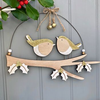 Personalised Christmas Wooden Robin Pair Sign, 2 of 3