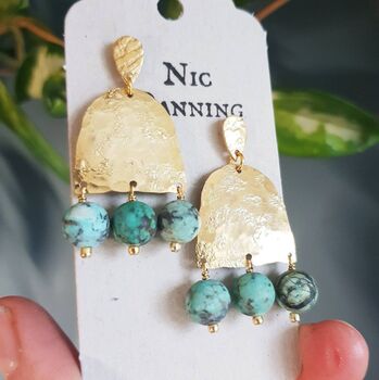 'Titans Gaia' Turquoise And Hand Beaten Brass Earrings, 3 of 4