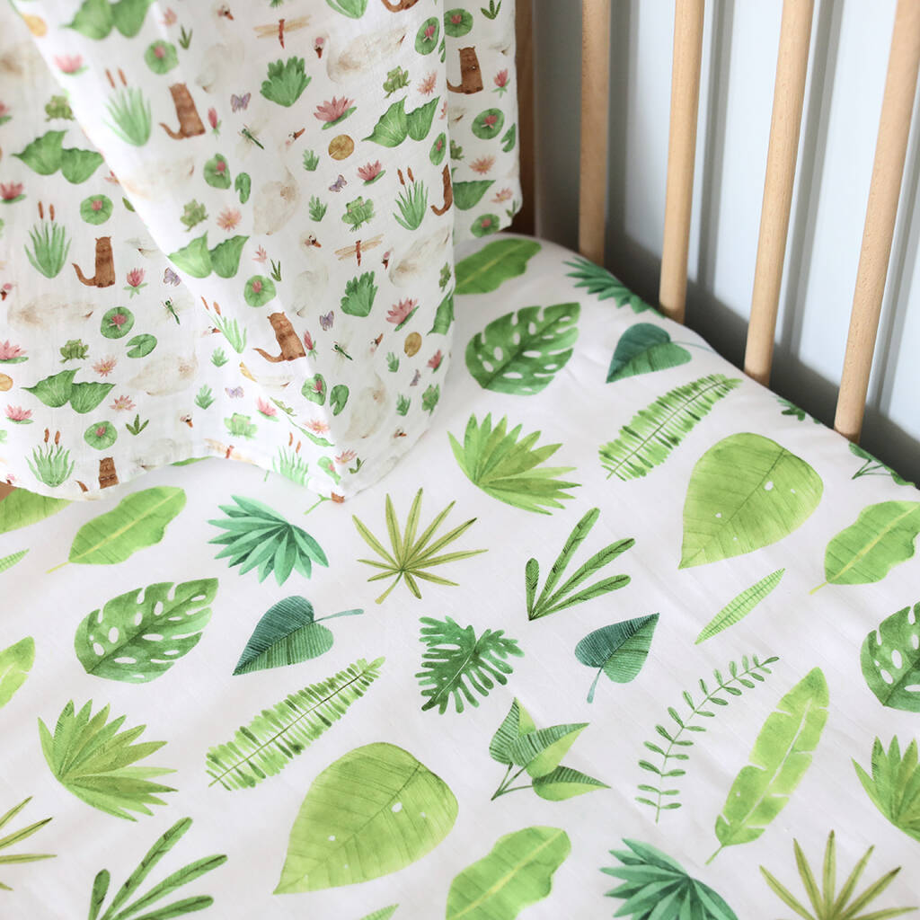 Fitted Muslin Cot Sheet Tropical Leaves By The Fox In The Attic