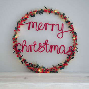 Merry Christmas Holly And Berry Fairy Light Wreath, 4 of 6