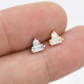 Baguette And Round Cz Stud Earrings Sterling Silver, 4 of 12