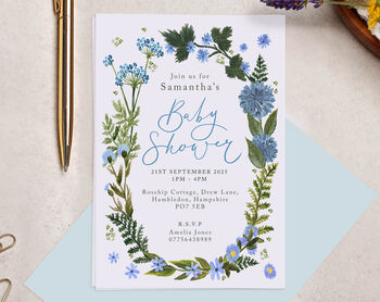 Personalised A6 Blue Floral Baby Shower Invitation, 2 of 3
