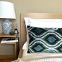 Oblong Velvet Ikat Cushion Blue Green Bulbous, thumbnail 5 of 6