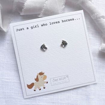 Sterling Silver Horse Head Stud Earrings On 'Just A Girl Who Loves Horses' Gift Card, 3 of 11