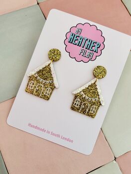 Gingerbread House Glitter Christmas Earrings / Festive Jewellery / Novelty Dangles / Christmas Gift / Sparkly Holiday Accessories, 4 of 6