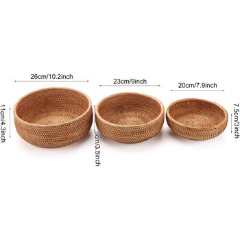 Set Of Three Rattan Storage Baskets Woven Fruit Bowls, 6 of 8