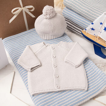 Baby Boy Cosy Cardigan And Blue Mini Stripe Blanket Set, 2 of 11
