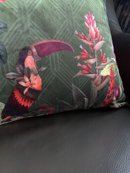Velvet Pink Toucan Luxury Cushion, 2 of 4