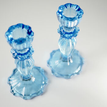 Pair Of Blue Glass, Lace Edge Candlesticks, 9 of 9