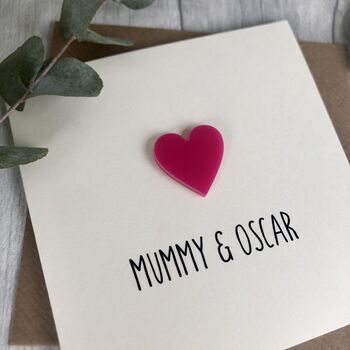 Mummy And Child's Name Acrylic Heart Birthday Card, 3 of 3