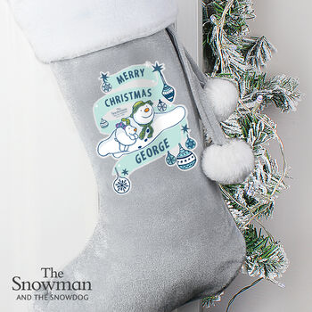Personalised The Snowman And The Snowdog Luxury Silver Grey Christmas Stocking, 3 of 4