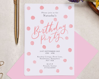 Personalised A6 Pink Spot Birthday Party Invitation, 3 of 3