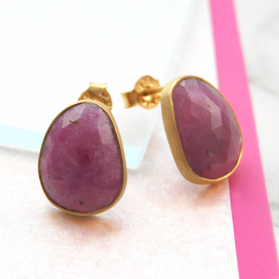 Ruby July Birthstone Gold Plated Silver Stud Earrings By Embers