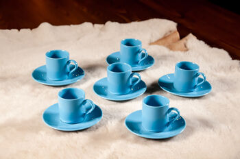 Set Of Six Porcelain Espresso Cup And Saucer Blue, 6 of 8