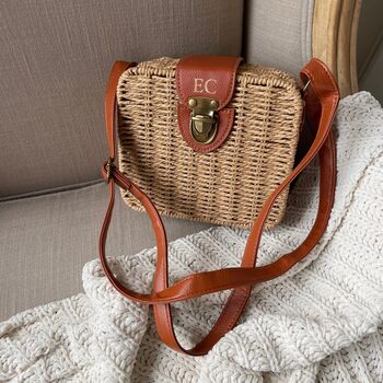 Personalised Harriet Square Straw Rattan Wicker Tan Brown Cross Body Bag, 3 of 4