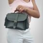 Small Leather Crossbody Satchel Handheld Handbag Khaki Dark Military Green With Side Pockets, thumbnail 1 of 9