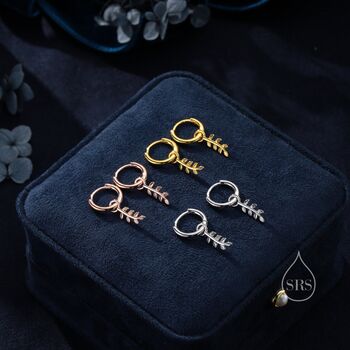 Delicate Leaf Charm Huggie Hoop Earrings, 2 of 10