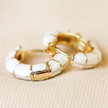 Gold Plated White Geometric Enamel Hoop Earrings, 2 of 8