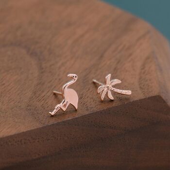 Mismatched Palm Tree And Flamingo Stud Earrings In Sterling Silver, 6 of 12