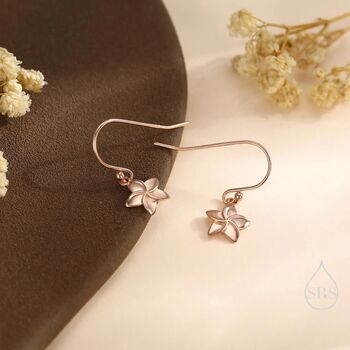 Sterling Silver Tiny Plumeria Flower Drop Hook Earrings, 5 of 11