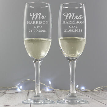 Personalised Mr And Mrs Pair Of Flutes – Perfect Wedding Gift For Couples, 2 of 3