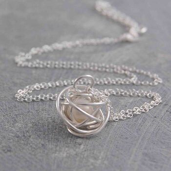 Silver Caged White Pearl Necklace, 2 of 7
