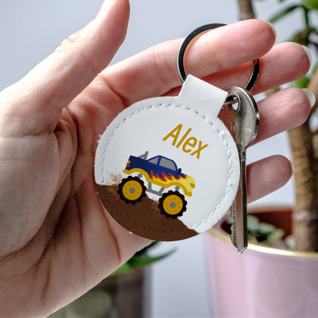 Custom Name Child's Bag Tag With A Monster Truck. Back To School Keyring, 1 of 1