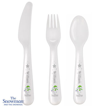 Personalised The Snowman And The Snowdog Three Piece Plastic Cutlery Set, 2 of 3