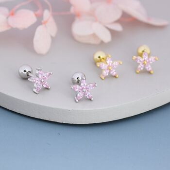 Tourmaline Pink Cz Flower Barbell Earrings, 7 of 9