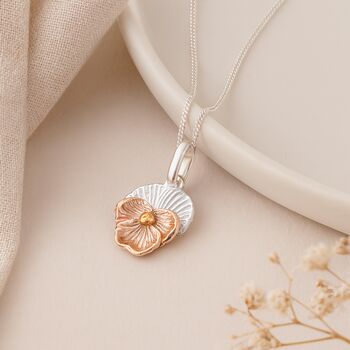 Personalised Sterling Silver And Gold Violet Necklace – February Birth Flower, 3 of 11