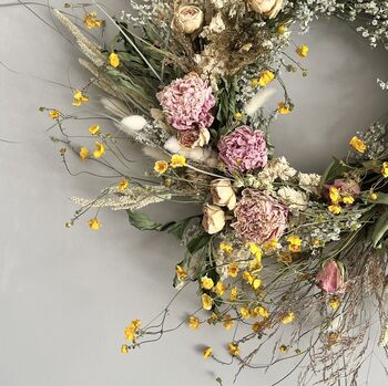Wild Meadow Pink And Yellow Dried Flower Wreath, 8 of 9