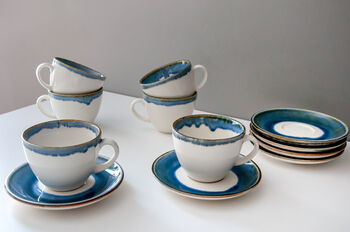 Blue Set Of Six Handmade Porcelain Tea Cup With Saucer, 10 of 10