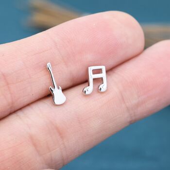 Mismatched Electric Guitar And Music Note Stud Earrings In Sterling Silver, 4 of 10
