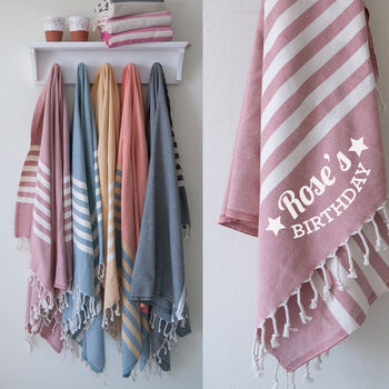 Personalised Cotton Beach Towel And Leather Carrier Strap, 10 of 12