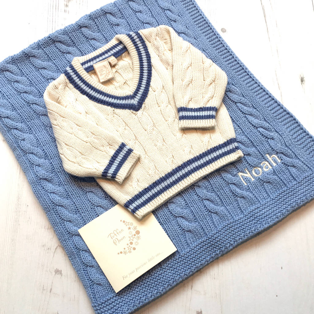 baby cricket jumper and cable blanket gift set by toffee moon