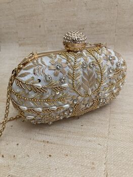 Off White Handcrafted Embroidered Oval Clutch Bag, 5 of 9