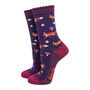 Red Fox Woodland Animals Bamboo Socks Women's Navy Blue, thumbnail 1 of 3