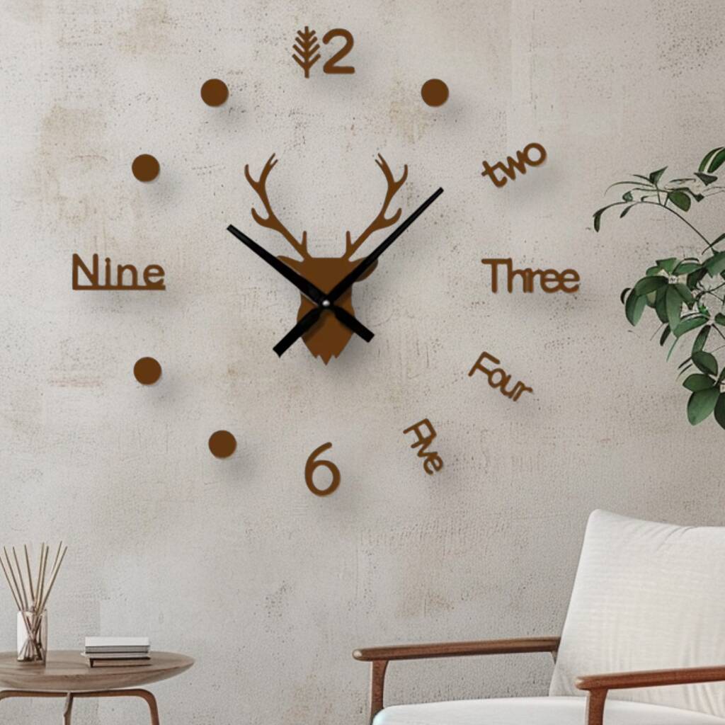 Stylish Antlers 3D Wall Clock, Brown, Red, Black, Silver, 1 of 10