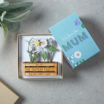 Family Of Birth Flowers In Mini Wooden Planter, 3 of 3
