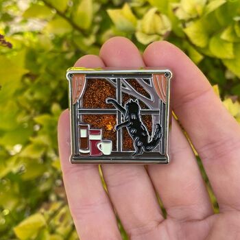 Cat And Books Autumn Fall Enamel Pin With Shaker Moving Glitter And Leaves, 4 of 5