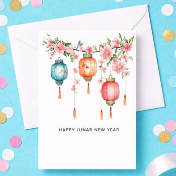 Happy Lunar New Year Card Floral Lantern Design, 2 of 5