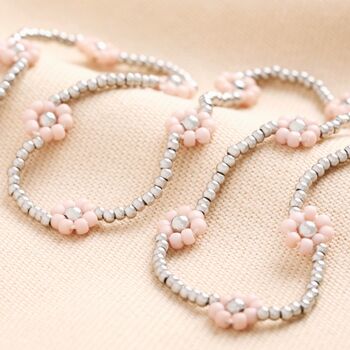 Silver Stainless Steel Pink Daisy Beaded Necklace, 2 of 4
