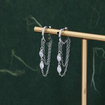Sterling Silver Marquise Cz Crystal Chain Hoops Earring, 4 of 12
