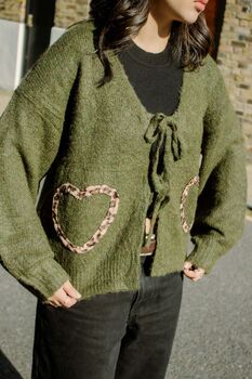 Green Tie Front Leopard Heart Cardigan, 2 of 7