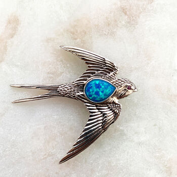 Sterling Silver Opal Swallow Brooch, 2 of 6