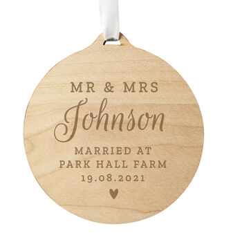 Personalised Mr And Mrs Round Wooden Decoration, 3 of 3