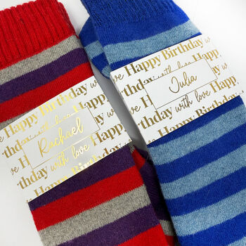 Personalised Birthday Stripy Welly Socks With Gold Foil Label, 4 of 10