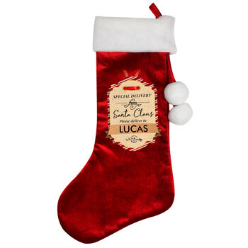 Personalised Special Delivery Luxury Red Stocking, 2 of 3